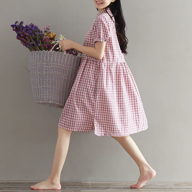 Женское хлопковое льняное платье в клетку летнее свободное Повседневное с