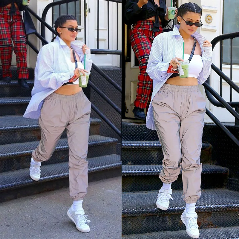 Модные Светоотражающие штаны-Джоггеры со вспышкой Женские повседневные серые