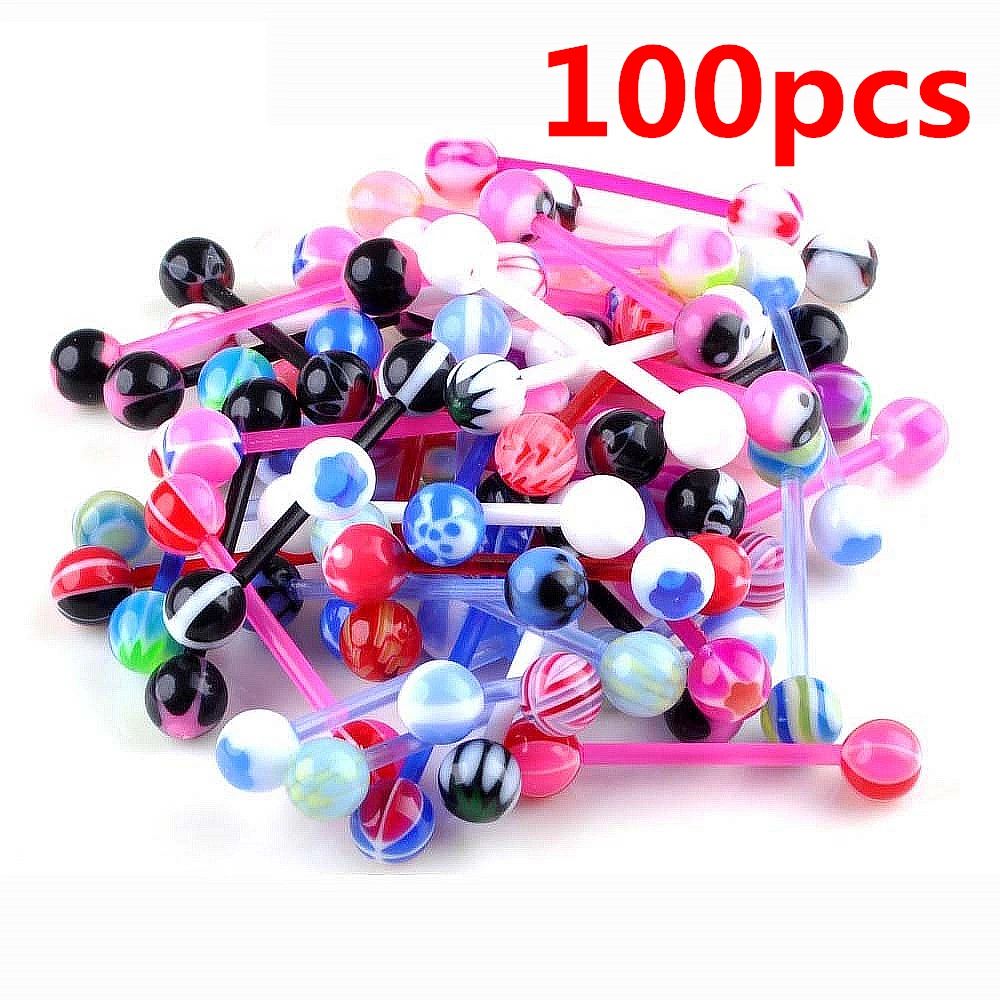 100pcs/Lot Mixed Ball Tongue Ring Navel Nipple Barbell Rings Bars Body Jewelry Piercing | Украшения и аксессуары