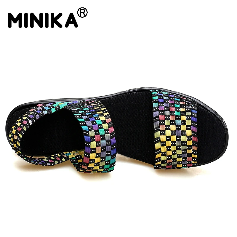 Minika/летние женские сандалии тканые на плоской платформе и танкетке шлепанцы с