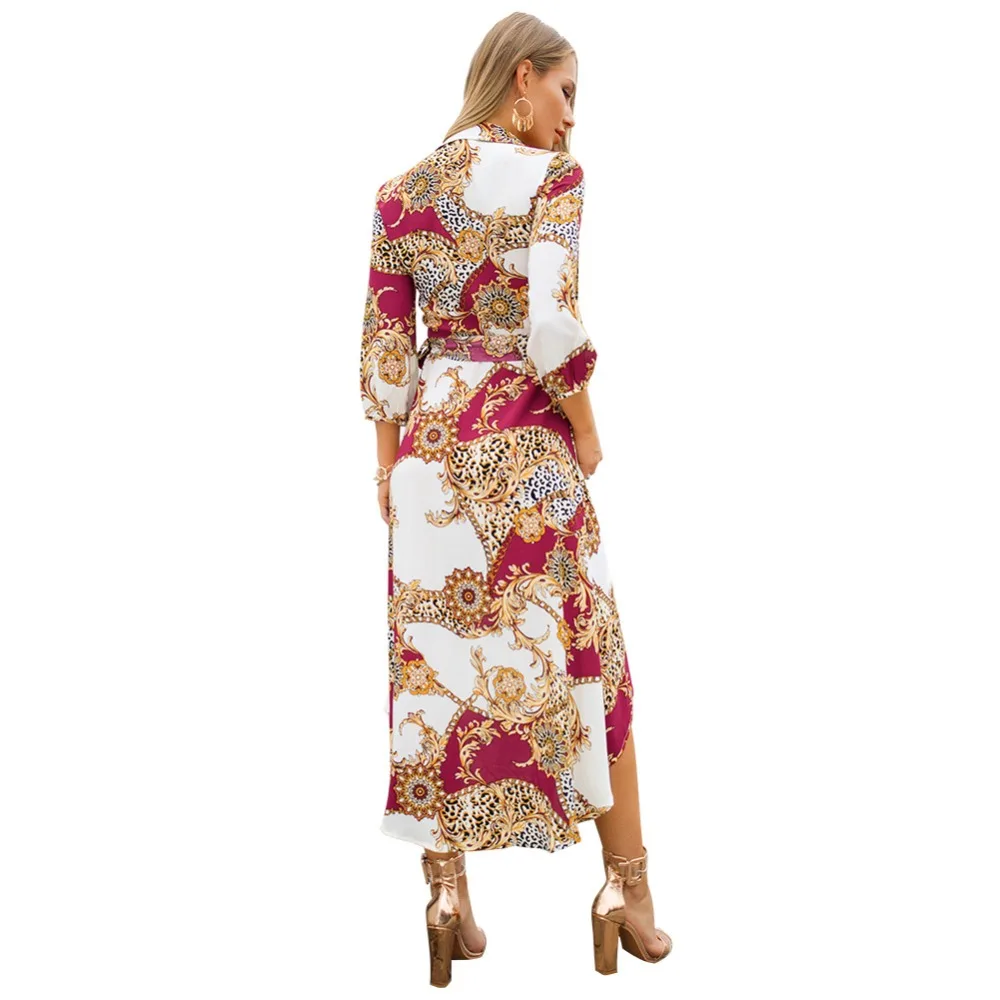 SharVell Women Dress Bohemian Print irregular Hem Casual Beach Dresses Summer V-neck A-Line Bow Tunic Mid-Calf | Женская одежда
