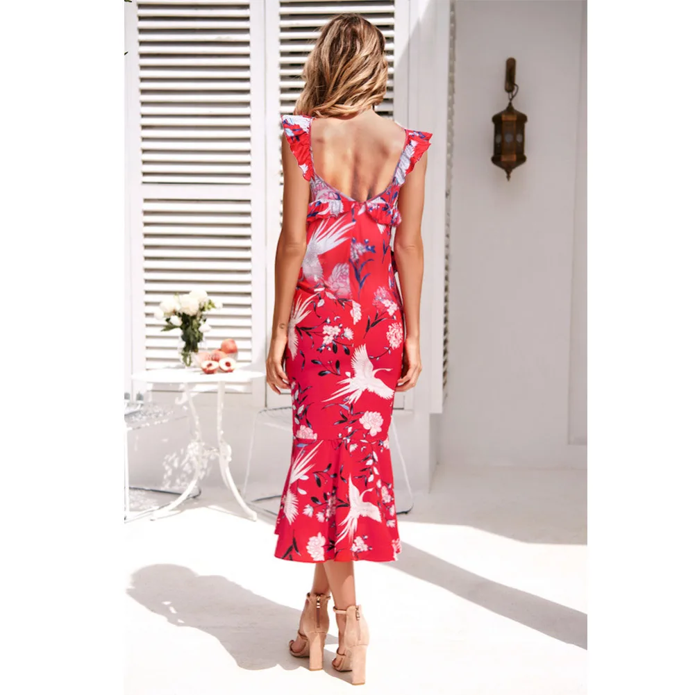 Женское пляжное платье с v-образным вырезом летнее цветочным принтом в стиле бохо