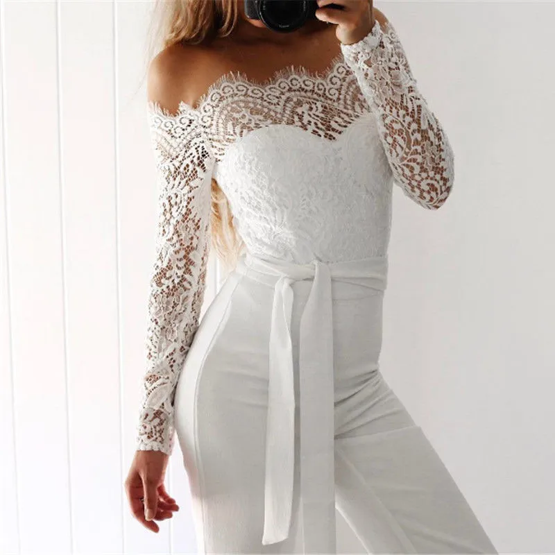 Женский элегантный комбинезон с вырезом лодочкой открытыми плечами длинными