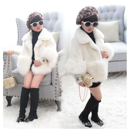 girls turn-down collar fur coat 2019 winter thicker warm white elegant soft plush chlidren outwear jackets | Детская одежда и