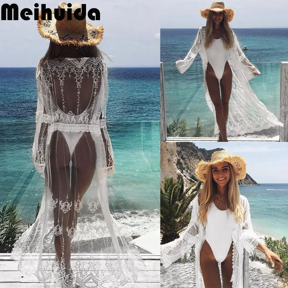 Meihuida, кружевное женское пляжное платье, Сетчатое, цветочное, бикини, накидка, праздничная, с длинным рукавом, женская пляжная одежда, Лидер продаж, накидка