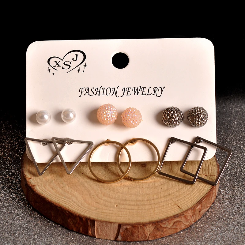 New fashion women accessories wholesale girls birthday party geometric stud mix-and-match 6 pairs /set earrings free of shipping | Украшения