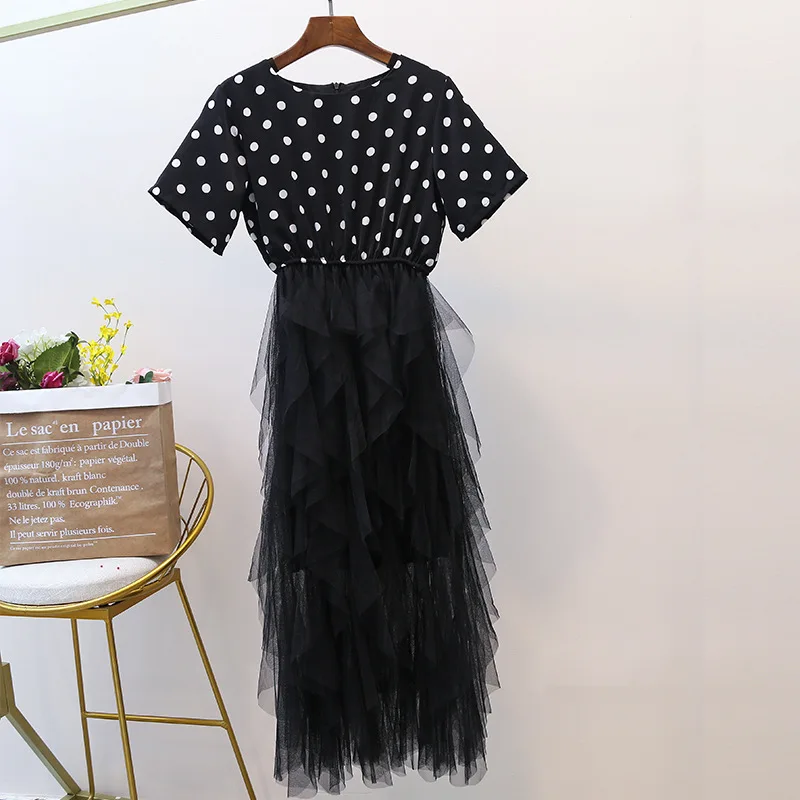 

ICHOIX Sweet Ruffles mesh long dress plus size clothing polka dot women dress big size summer dress 2019 white black dresses