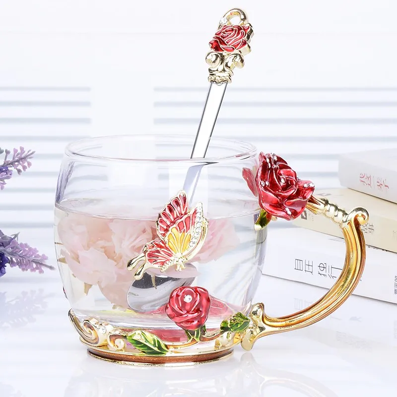 cup with spoon 2 Красота и лучшая новинка эмалированный цветок, чашка с кофе кружка чай бабочка стеклянные чашки для свадебных подарков Рождественский подарок - Цвет: cup with spoon 2