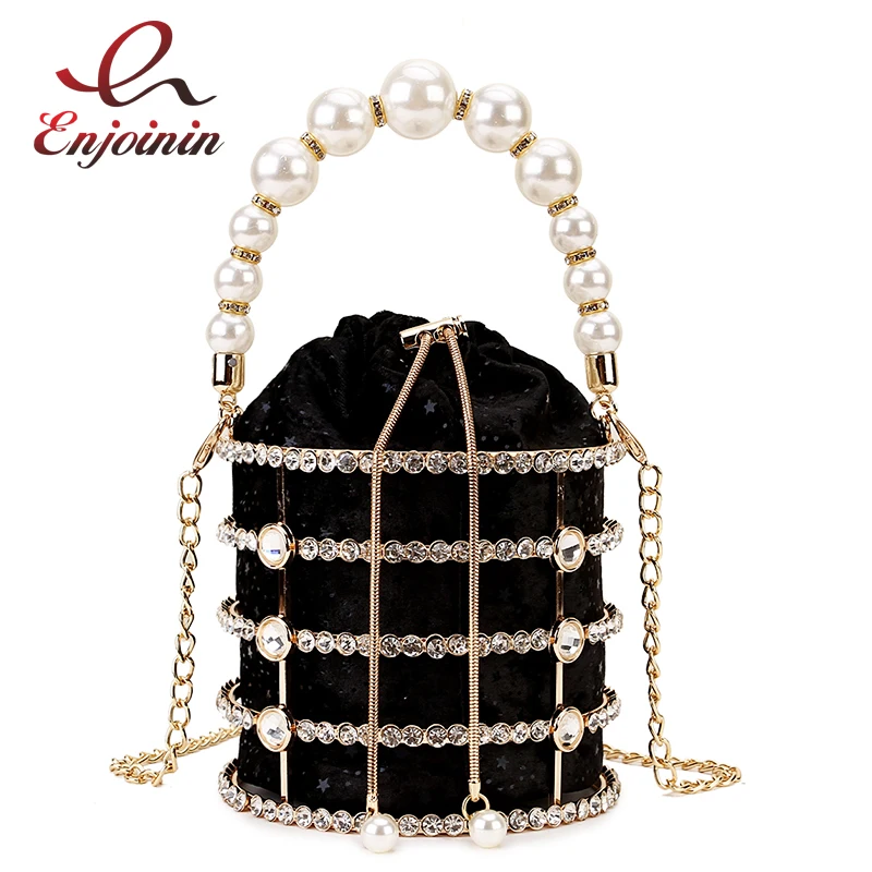 

Роскошный алмаз, металлическая оправа, ведро жемчуг ручка женские вечерние сумочки клатки сумки и сумки для женщин, дизайнерские перфориро...