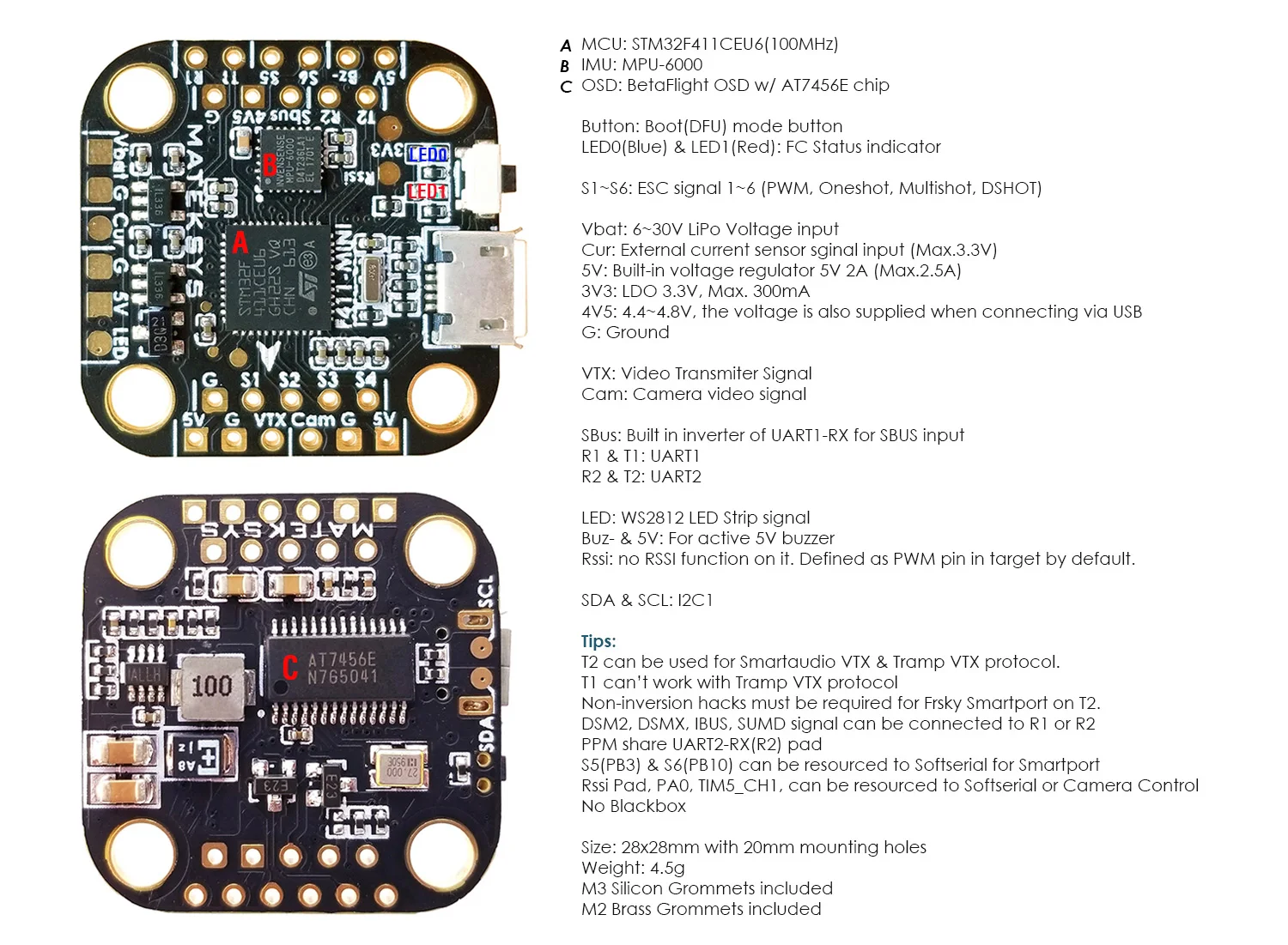 Matek система 20*20 мм F411-mini мини F4 Контроллер полета AIO OSD BEC и Светодиодная лента для радиоуправляемого дрона квадрокоптера модели запасные части