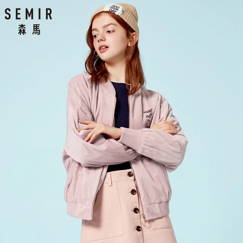 SEMIR Женская бархатная куртка бомбер бейсбольная с вышивкой полным карманом на