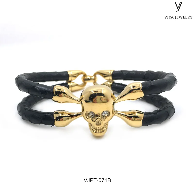 Navy Blue Натуральная кожа ската питона браслет мужской коричневый браслет питон черный череп браслет пользовательский размер мужской кожаный браслет с черепом - Окраска металла: Navy Blue