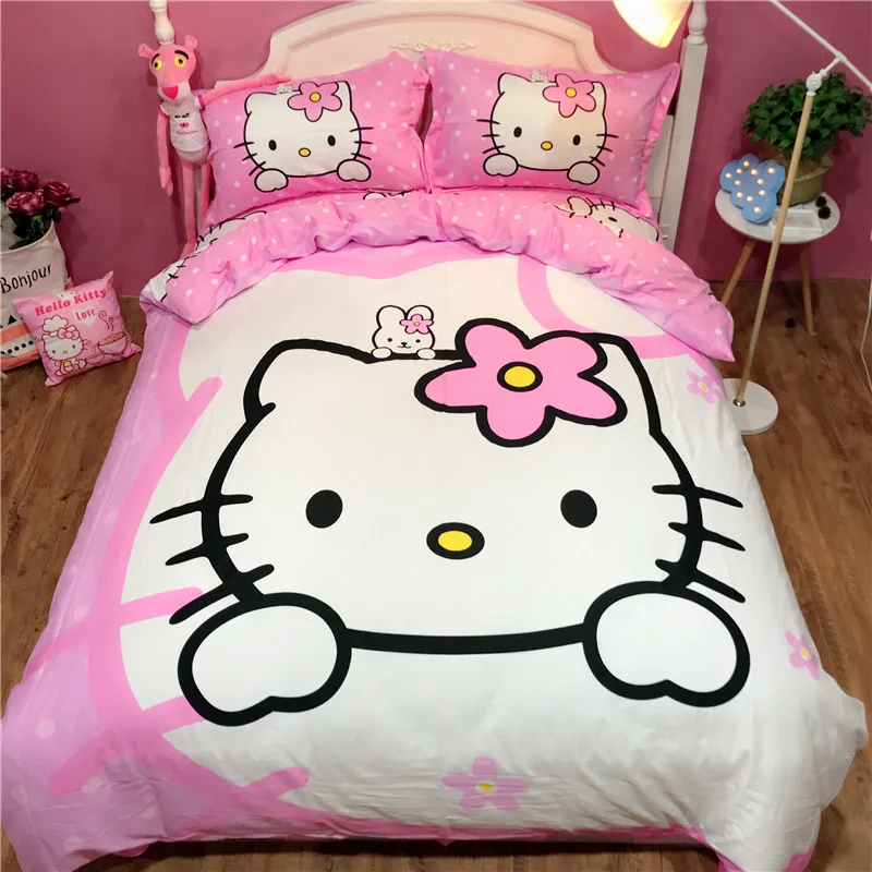 100% хлопок сладкий и прекрасный hello kitty постельного белья Твин Полный Королева