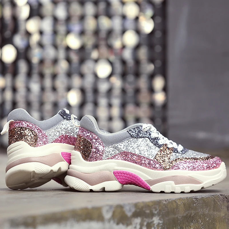 Блестящая повседневная обувь 2019 года женские кроссовки на платформе модные