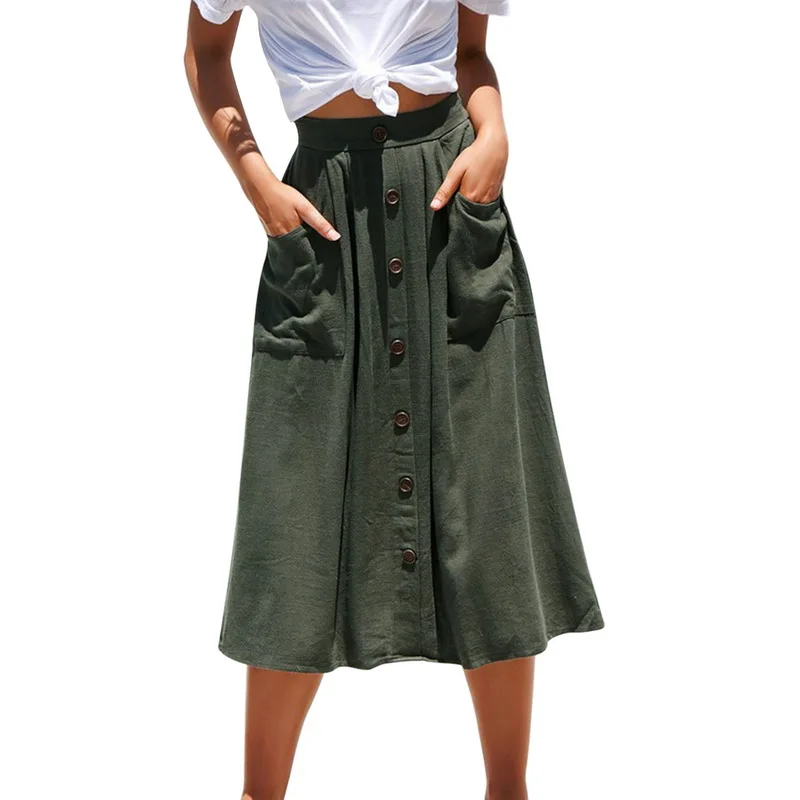Army Green Cysincos летняя модная женская однотонная однобортная юбка средней длины с высокой талией и карманами, элегантная юбка миди - Цвет: Army Green