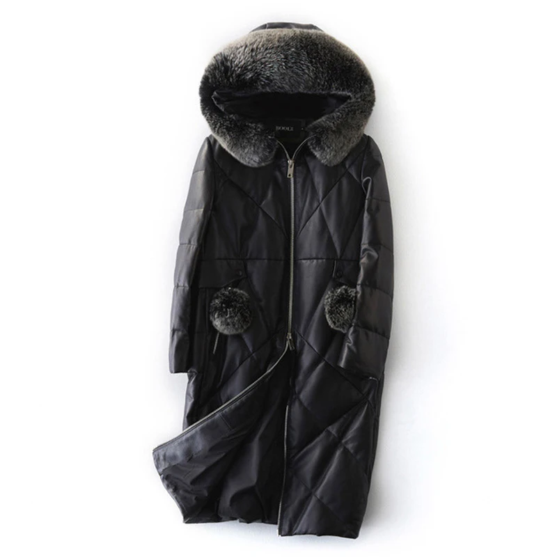 

Genuine Leather Jacket Women Real Sheepskin Coat for Women Long 90% Duck Down Jacket With Real Fox Fur Collar LX371
