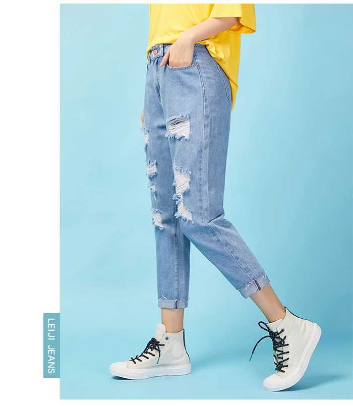 LEIJIJEANS, Новое поступление, весна, средняя посадка, свободные, с дырками, светло-голубые, Харлан, джинсы для женщин, уличный стиль, размера плюс, женские джинсы 9002