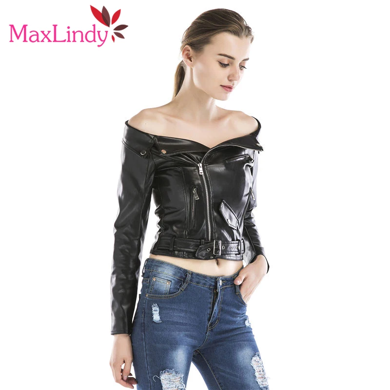 MaxLindy Искусственная кожа куртка Для Женщин Осенние пикантные с открытыми плечами
