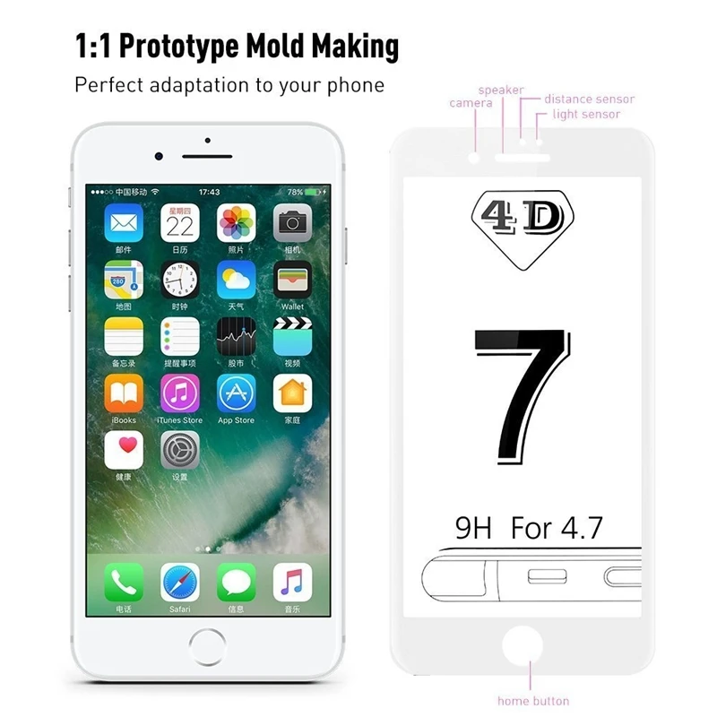 Высококачественное 4D закаленное стекло для iPhone 7 Plus Новая защитная пленка экрана с полным покрытием 3D изогнутого края 6 6S.