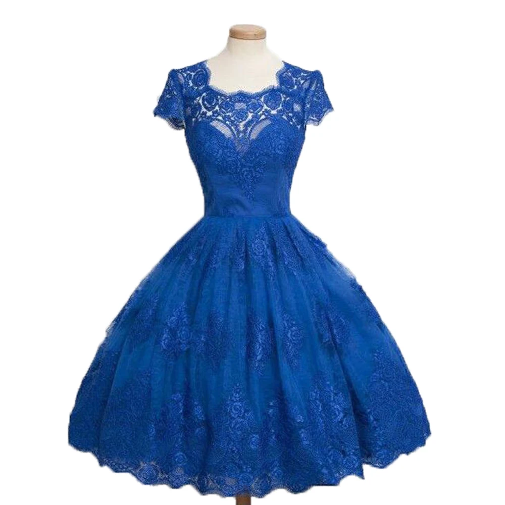 Женское коктейльное платье Royer голубое кружевное трапециевидной формы с