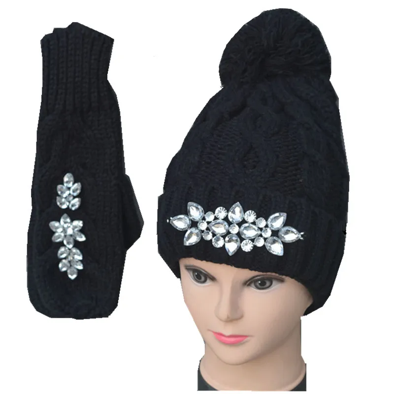 Russian Style New Women Hat Scarf Gloves 3pcs Set Warm Knitted Winter Wool Thicker With Crystal Rhinestone | Аксессуары для одежды