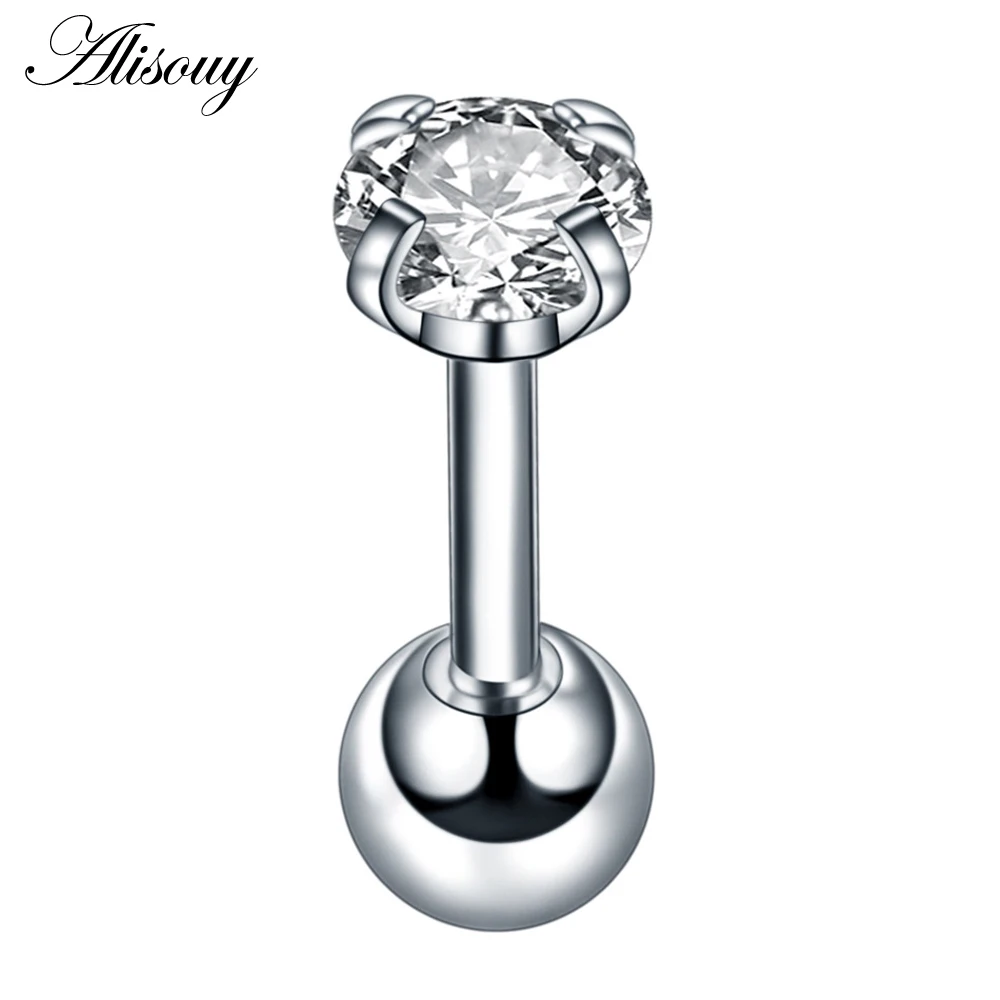 Silver Clear CZ-4 Alisouy 2 шт. 4 мм Круглый Кристалл Циркон трагус пирсинг для хрящевой части уха серьги 316L хирургическая сталь ювелирные изделия для тела Спираль пирсинг - Окраска металла: Silver Clear CZ-4