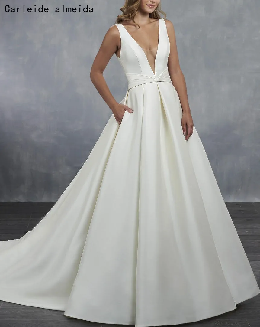 

V-Neck Satin Elegant Wedding Dresses with Pocket Low Back Bridal Dress