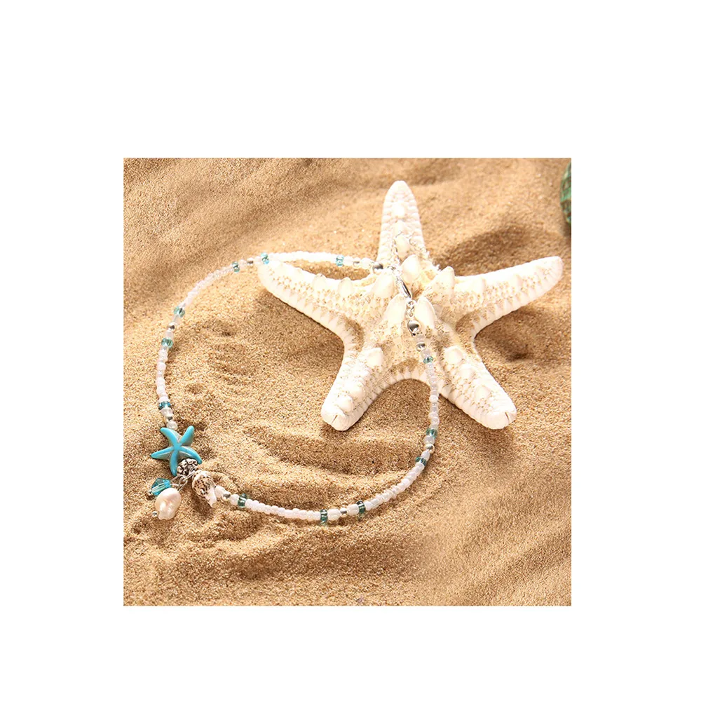 Bohemian Starfish Pendant Resin Anklet For Women New Stone Beads Shell Bracelets On Leg Boho Ocean Jewelry z0613 | Украшения и