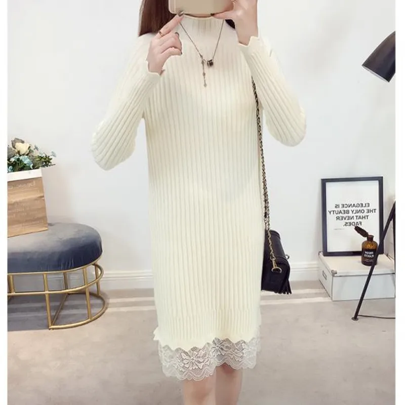 Женское трикотажное платье свитер с длинным рукавом и высоким