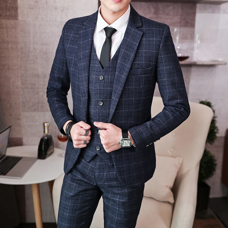 

Autumn Winter New Fashion Men Casual Business Plaid Suit 3-piece Set British Hairstylist Groom Tuxedo Wedding Dress Suits 5XL