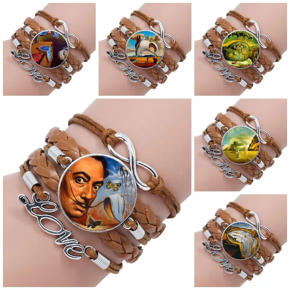 Salvador Dali для свадьбы модные стеклянные Многослойные черный/коричневый кожаный браслет ювелирные изделия