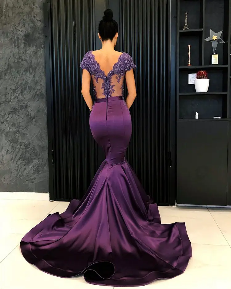 Sexy Mermaid Prom Dress 2021 V-neck Cap Sleeve Beaded Lace Nude Back Arabic Style robe soiree Long Dresses Evening Purple | Свадьбы и