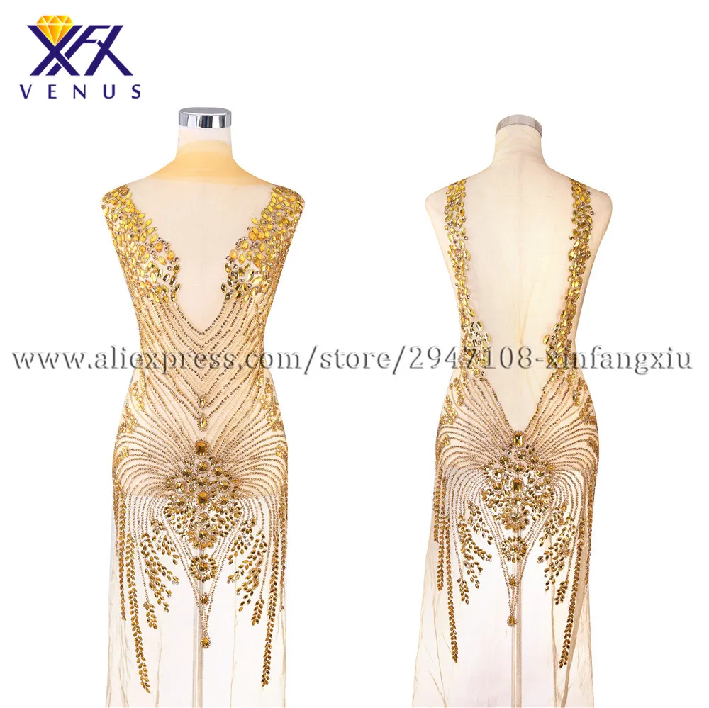 

XFX VENUS Handmade Crystal Sequin Wedding Long Patches Rhinestone Beaded Appliqued Open back crystal beaded applique Accessories