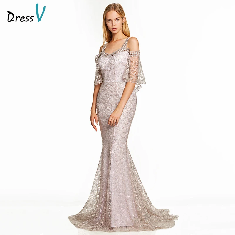 

Dressv pink a line long evening dress backless cheap straps half sleeves wedding party formal dress lace evening dresses
