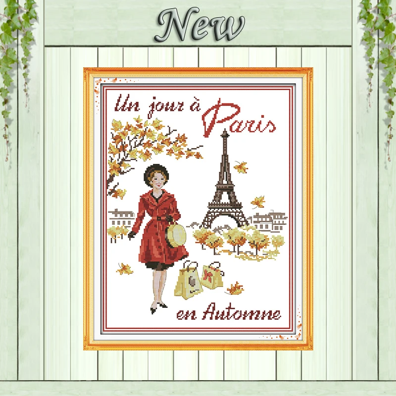 Картина Париж в осеннем пейзаже девушка рассчитанная Печать на холсте DMC 14CT 11CT