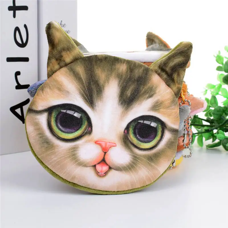 3D милый кошелек для девочек, Сумка с животным лицом на молнии, мини-кошелек для монет с кошкой, плюшевый Кошелек для собак, кошек, детский маленький мешочек для монет