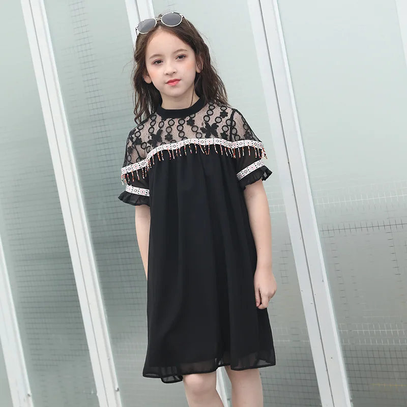 

2019 Girl Children's Chiffon Dress Summer Black Tassel Dresses Child Princess Dress Korean Kids Short-sleeved Vestidos Age 8 10