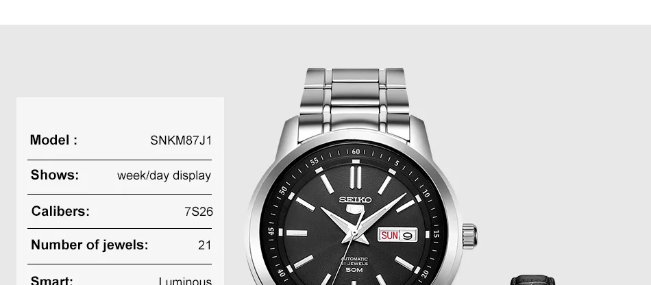 Оригинальные мужские часы SEIKO 5 с автоматическим перемещением, механические наручные часы 5 бар, водонепроницаемые светящиеся, глобальная гарантия SNKM87J1