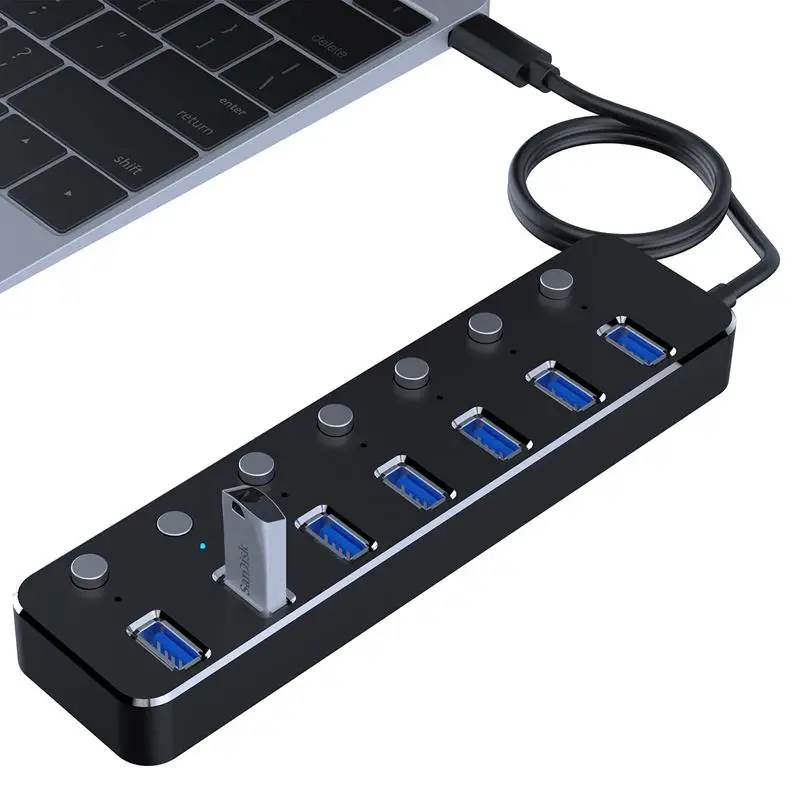 Black Алюминиевый 3,0 Суперскоростной концентратор 7 портов внешний Micro-USB hub-разветвитель портативный для Apple Macbook Air ноутбук ПК планшет концентратор - Цвет: Black