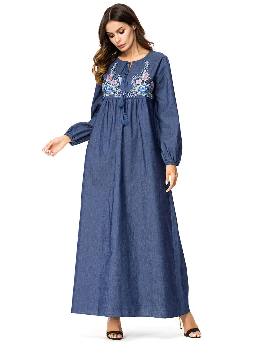 Мусульманское платье abaya для женщин большие размеры Цветочная вышивка Осень зима