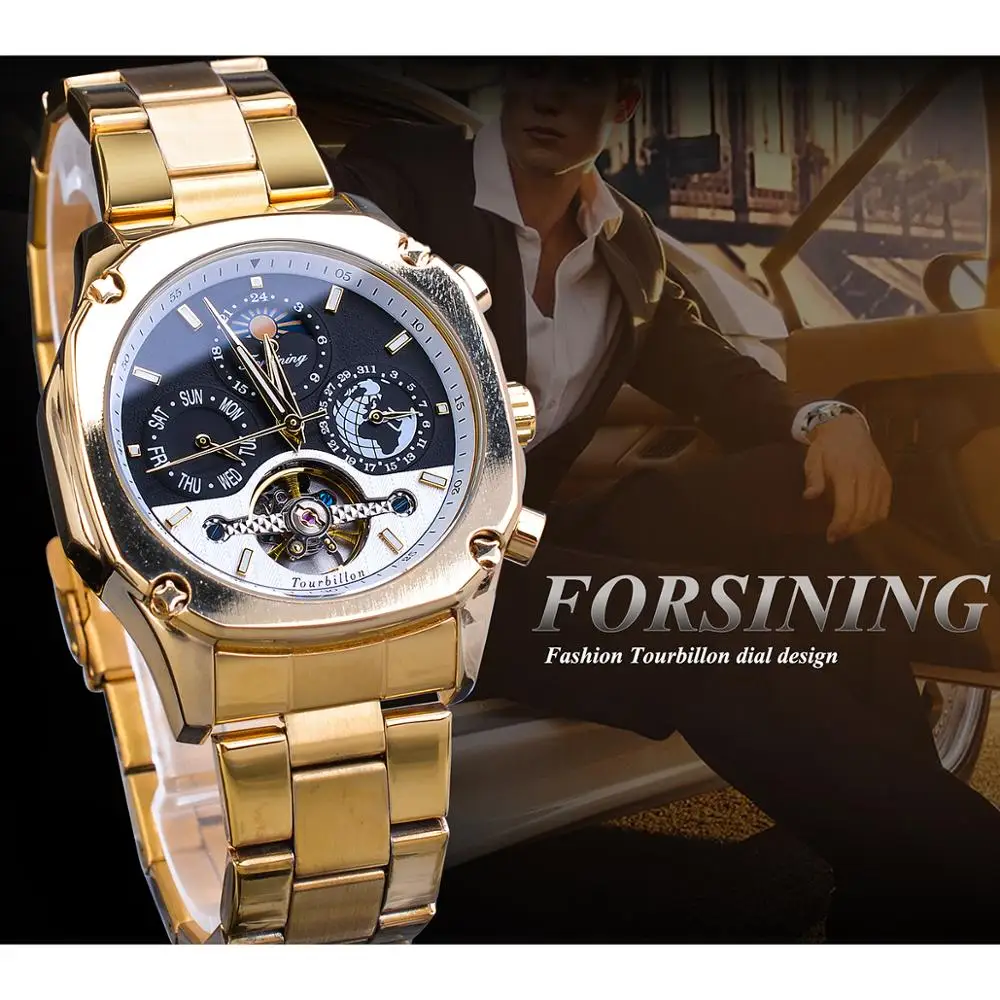 Forsining Grand, золотые автоматические часы, турбийон, Moonphase, мужские механические часы с календарем, стальные ремни, наручные часы, Relogio