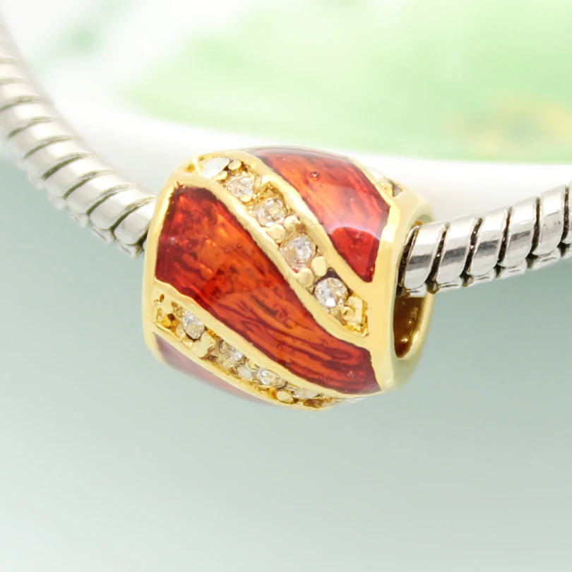 Easter gift DIY hole red enamel white rhinestone cylindrical Russian egg golden female personality charm | Украшения и аксессуары