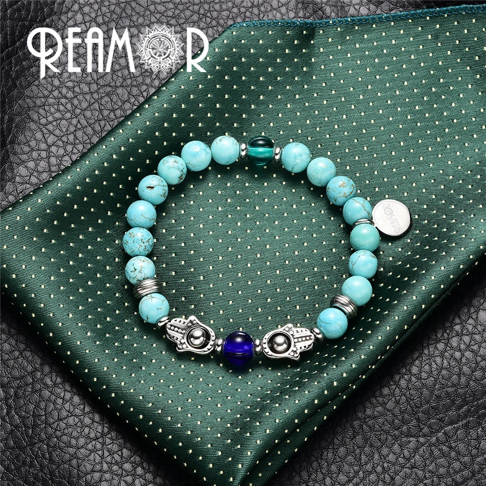 REAMOR из нержавеющей стали Фатима хамса бусины ручной работы бирюзы натуральные