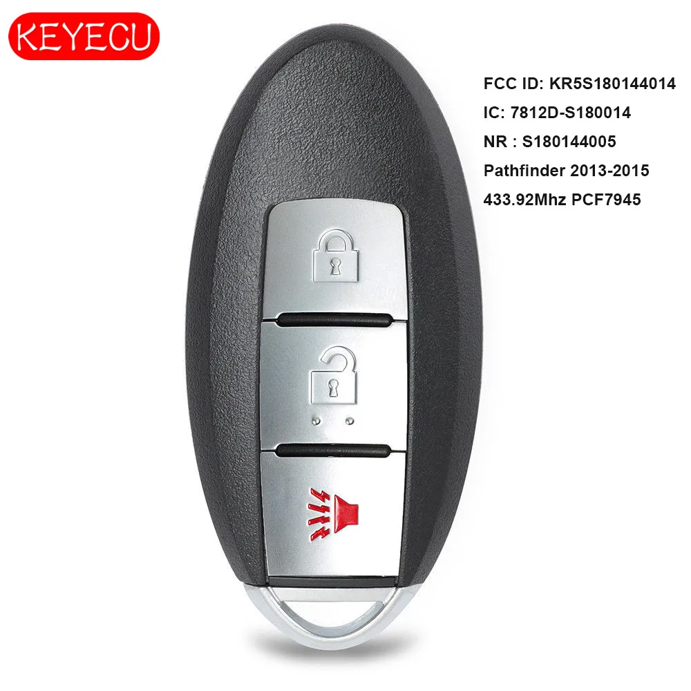 

Keyecu дистанционный смарт ключ-брелок 2 + 1 кнопка 433,92 МГц для Nissan Pathfinder 2013-2015 FCC ID: S180144005