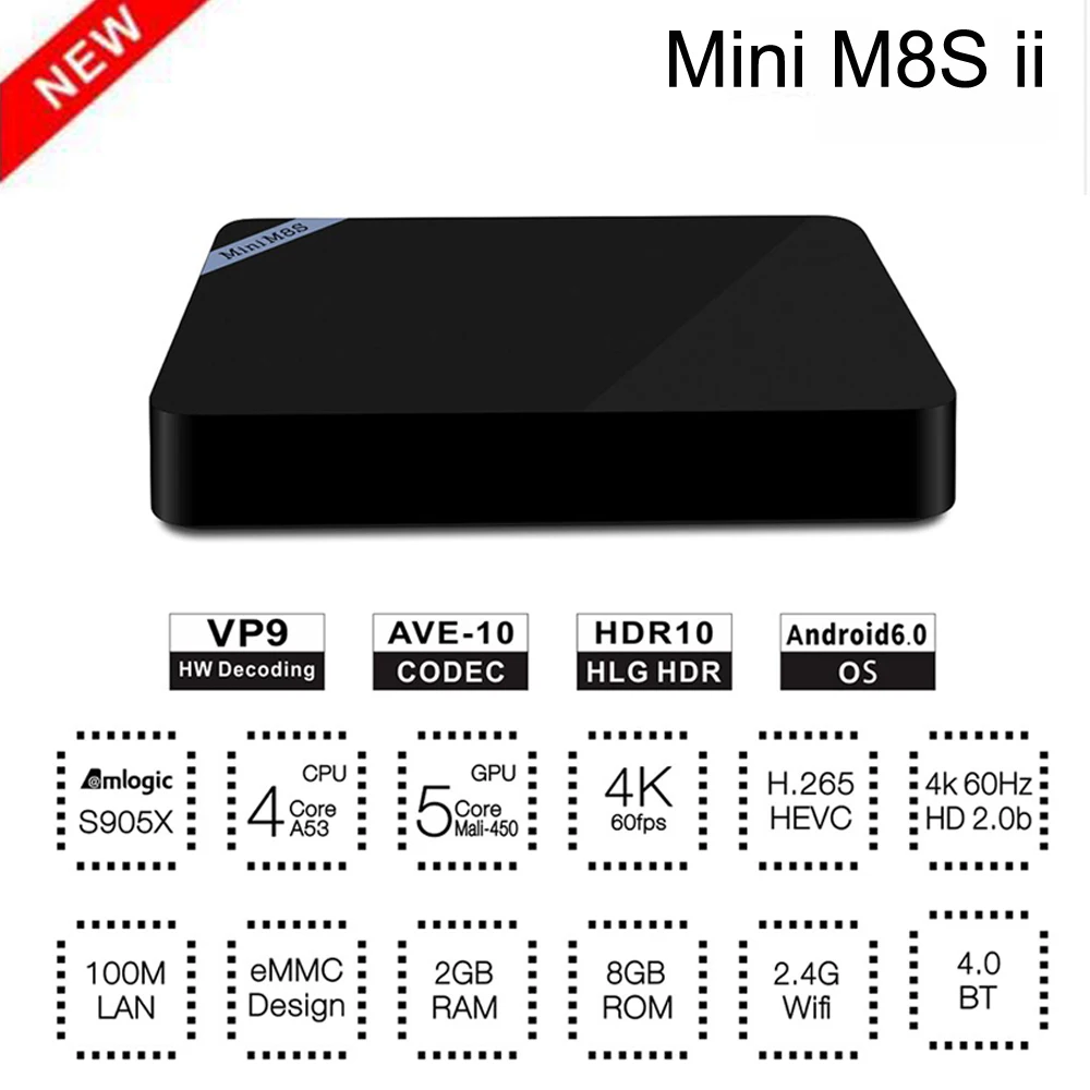 Мини M8S II Smart Box TV 4 К S905X Amlogic Quad Core Android 6.0 2.4 ГГц WiFi BT 4.0 Media Player 1/2 ГБ RAM 8 Set top Box| |