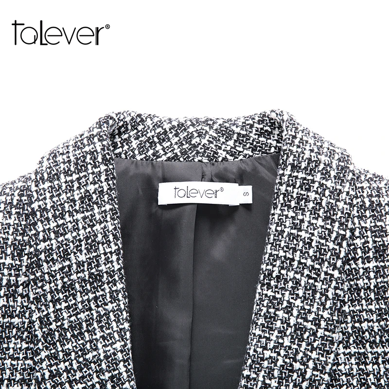Women Thick Tweed Plaid Blazer Female Three Quarters Sleeve Slim Fit Jacket Winter Office Lady Spring Jackets Outerwear Talever | Женская