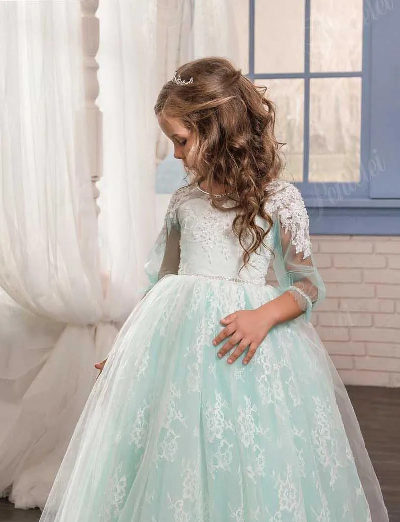 2018 Romantic Mint Green Tulle Flower Girl Dress for Weddings Party First Communion Kids Princess Pageant Gown | Детская одежда и