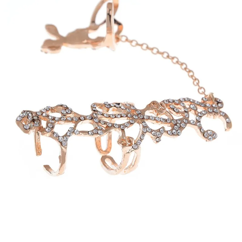 New Fashion Chain Link Ring Full Rhinestone Vintage Flower Double Finger Rings For Women Girl Party Jewelry Gift Accessories | Украшения и