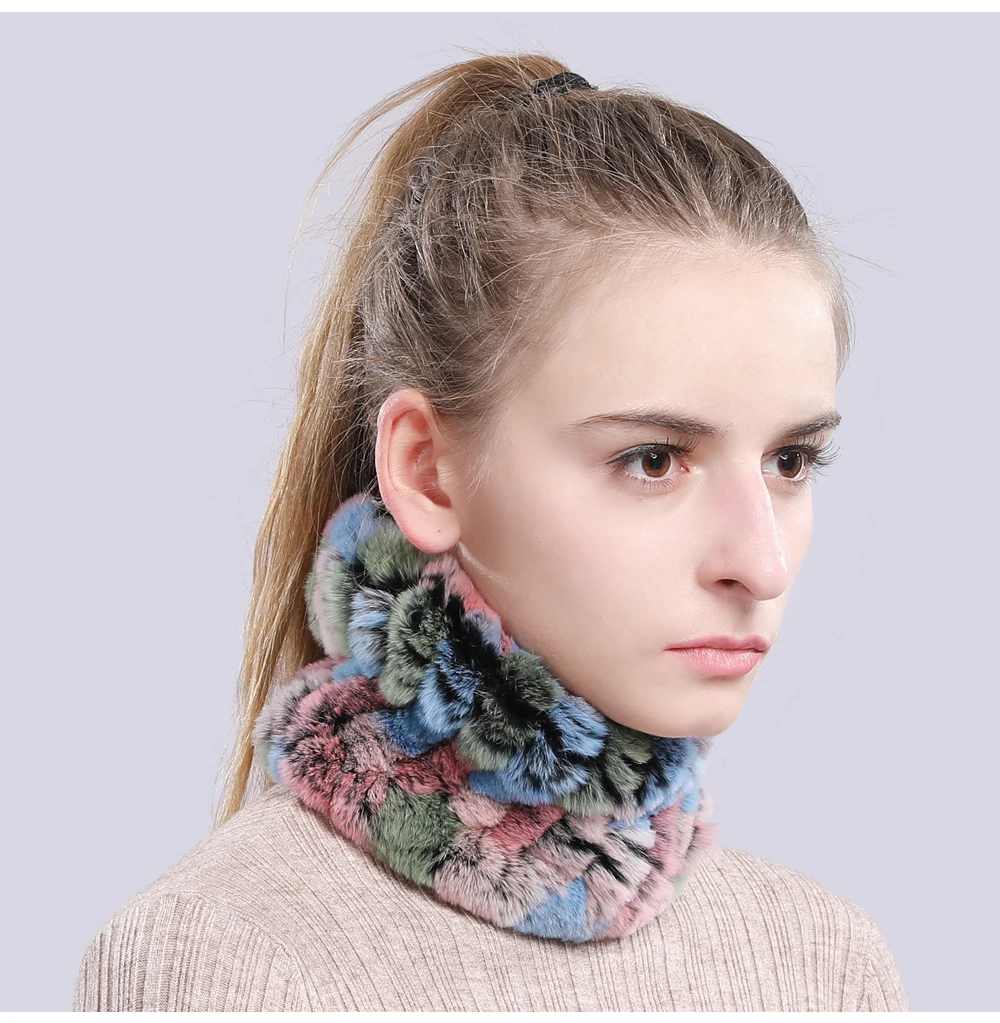 Women Real Fur Handmade Stretch Fur Scarf Knit Genuine Rex Rabbit Fur Headbands Girls Natural Fur Ring Cowl Snood Scarves Winter