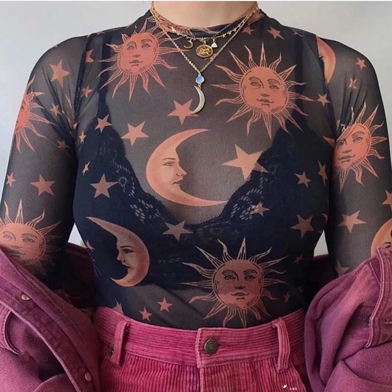 2019 богемный с длинными рукавами шикарный принт сетчатый топ летние пикантные О